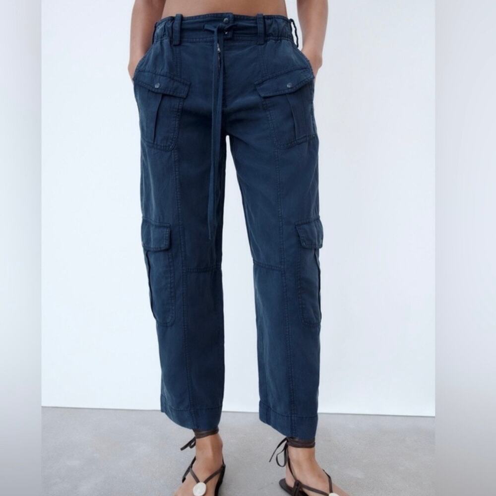 Zara Blue Oversized Baggy Cargo Denim Pants Size Medium